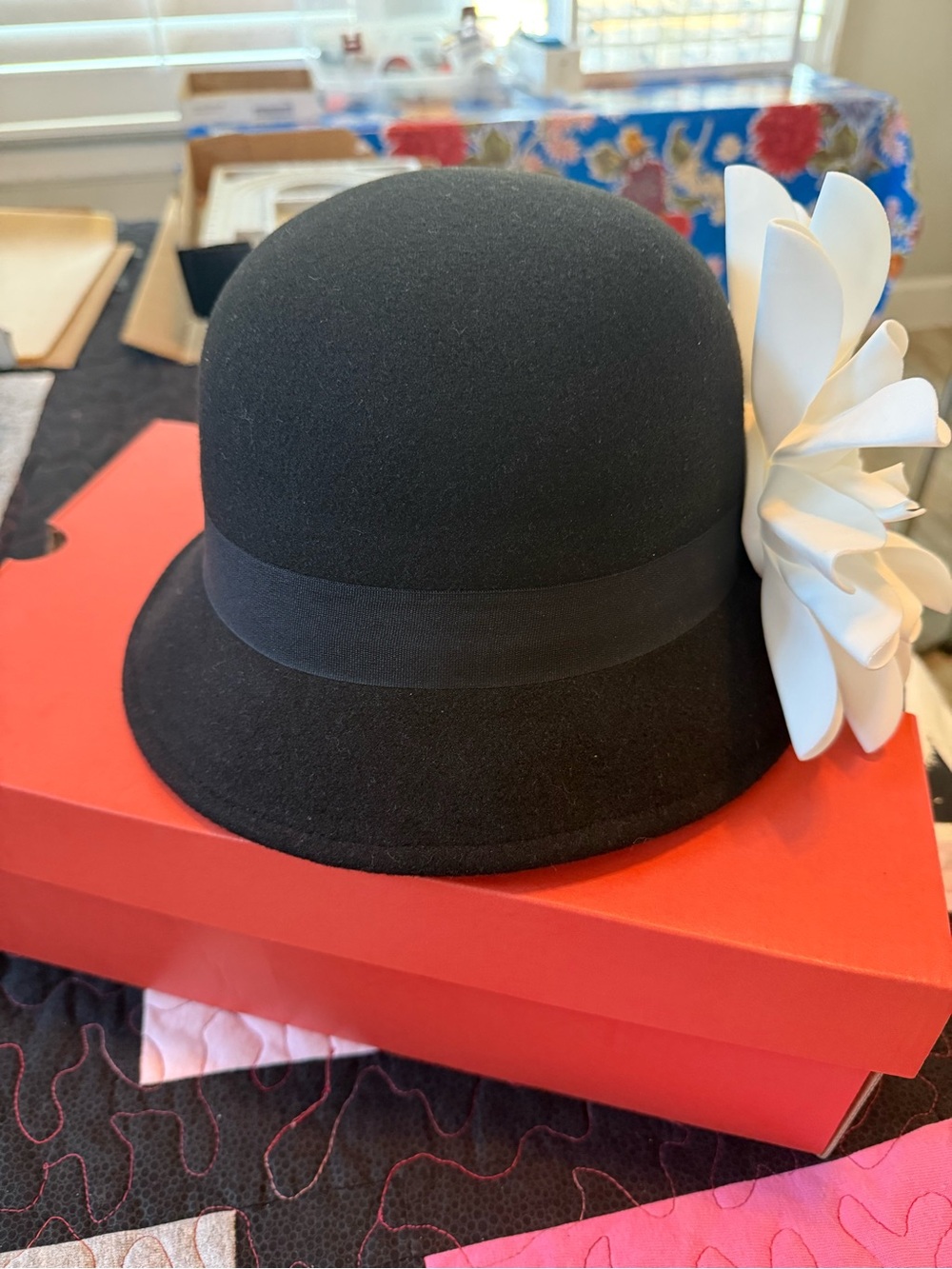 Black Cloche Hat with Large White Flower